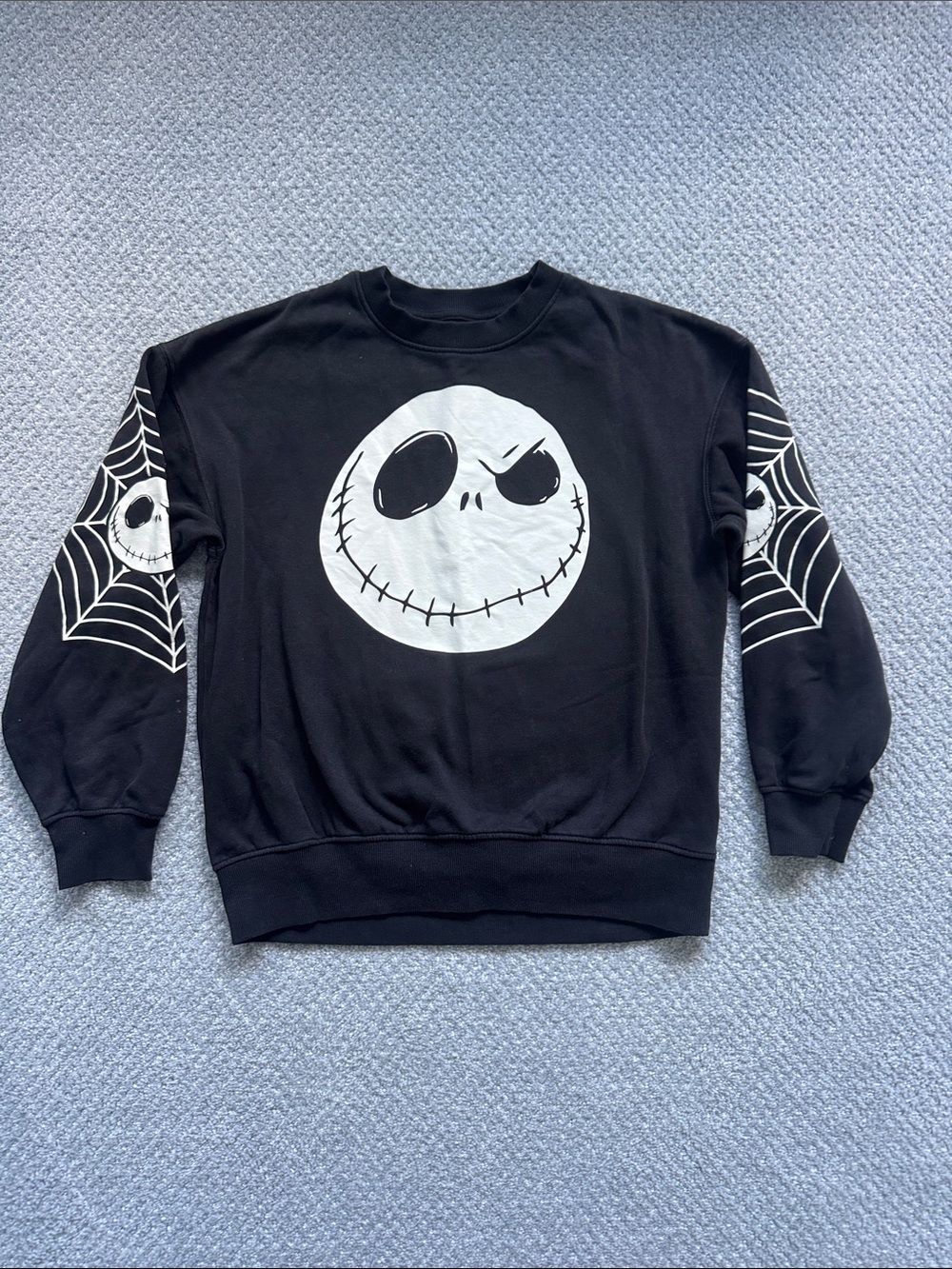Disney Black Crewneck with Jack Skellington Face & Spiderweb Sleeves